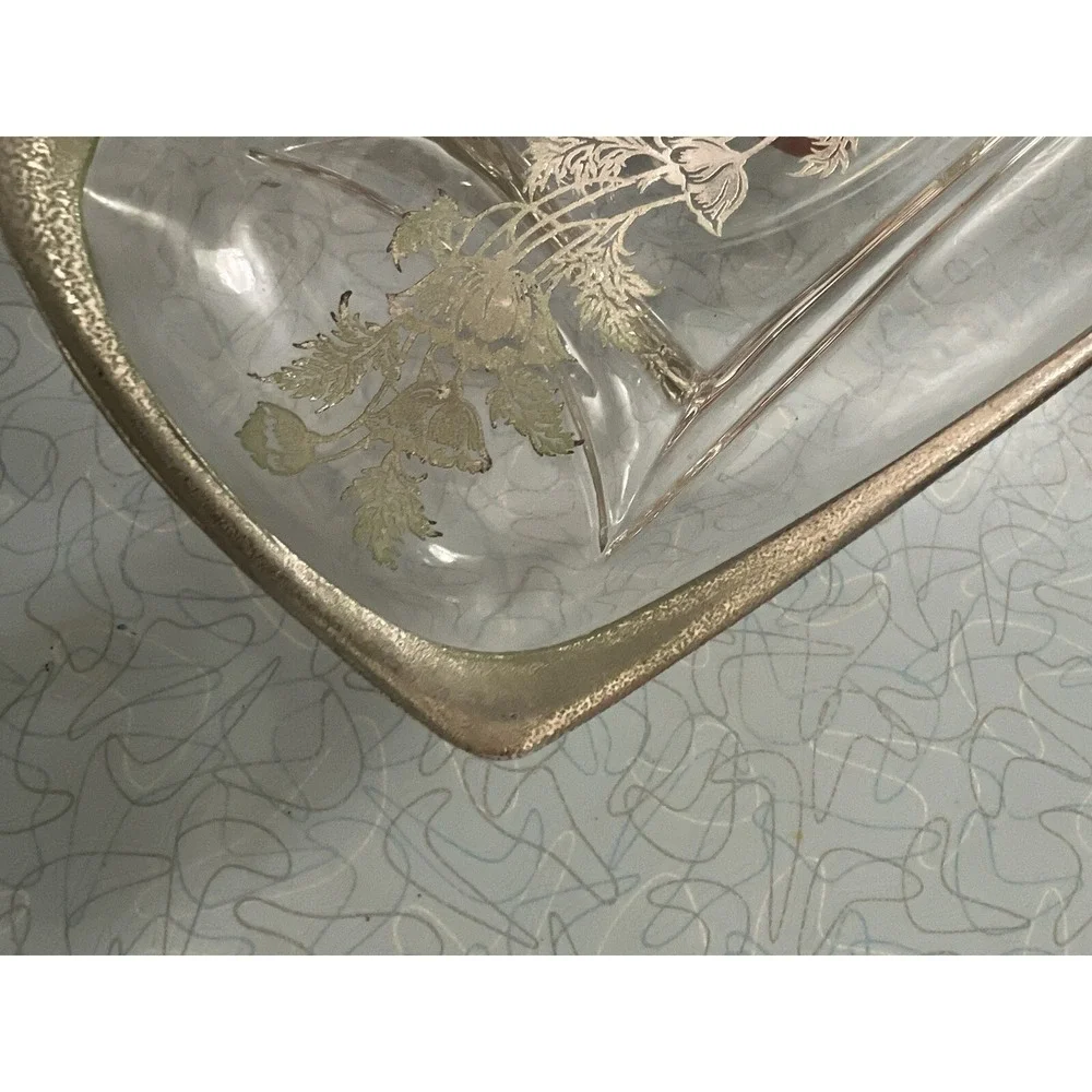 Vintage Silver City Flanders Poppy Overlay Relish Jewelry Dish Tray‎ Glass Retro